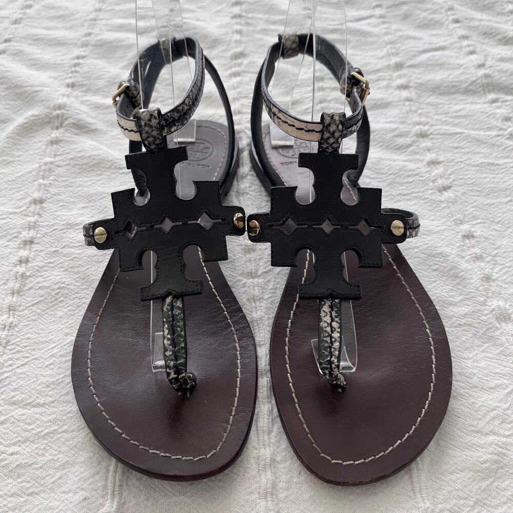 Tory Burch Chandler Snake Print T-Strap Leather Flat Sandals Women’s 7.5